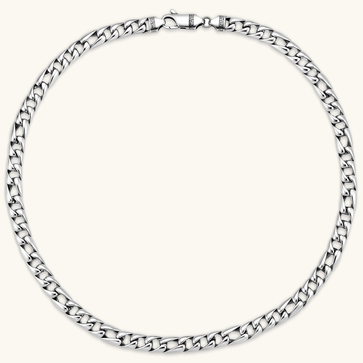 Polished 316L stainless steel Cuban link chain necklace, 9.6mm wide, with Greek key lobster clasp, silver tone.